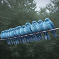 Several blue birds sitting on telegraph wire