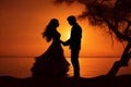 Picturesque Silhouette of couple at the orange sea sunset sky. Generate ai