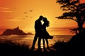 Picturesque Silhouette of couple at the sunset beach. Generate ai