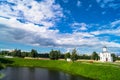 Picturesque sky over the bay of the Tmaka river next to the Church of St.Michael the Grand Prince of Tver.