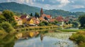 The picturesque small town with river view and trees