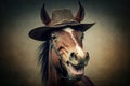 picturesque smiling laughing horse in cowboy hat and hat