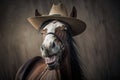 picturesque smiling laughing horse in cowboy hat and hat