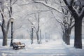 Picturesque Snowfall park forest walk. Generate Ai Royalty Free Stock Photo