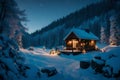 A picturesque snowy landscape with a charming cabin covered in holiday lights and wreaths