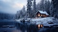 A picturesque snowy winter scene features many Nordic cabins, creating a charming and cozy atmosphere. Ai Generated