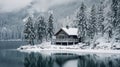 A picturesque snowy winter scene features many Nordic cabins, creating a charming and cozy atmosphere. Ai Generated