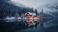A picturesque snowy winter scene features many Nordic cabins, creating a charming and cozy atmosphere. Ai Generated
