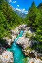 Picturesque Soca river in the rocky gorge near Bovec, Slovenia Royalty Free Stock Photo