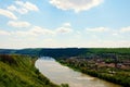 Picturesque spring aerial landscape view of canyon and Dnister River in the Zalishchyky town. Ternopil region, Ukraine Royalty Free Stock Photo