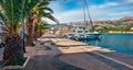 Picturesque spring cityscape of Argostoli port. Colorful morning scene of Kefalonia island, Greece, Europe. Beautiful seascape of Royalty Free Stock Photo