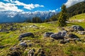 Picturesque spring scenery with high snowy mountains, Piatra Craiului, Romania