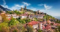 Picturesque spring view of Castle of Kruja. Colorful morning landscape of Albanian countryside.