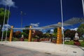 square with a garden of exotic flowers and sculptures of water fountain figures, moyobamba san martin peru -october