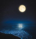 Picturesque starry sky with full moon over sea at night Royalty Free Stock Photo