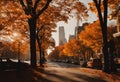 Picturesque street lined with towering trees with orange leaves in autumn, AI-generated. Royalty Free Stock Photo