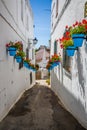 Picturesque street of Mijas with flower pots in facades. Andalusian white village. Costa del Sol. Southern Spain Royalty Free Stock Photo