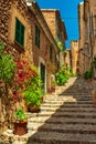 Beautiful street in mediterranean village, Majorca Spain Royalty Free Stock Photo