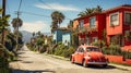 A picturesque street in a quaint California town featuring charming houses with a classic retro car adding a nostalgic touch to