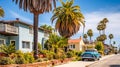 A picturesque street in a quaint California town featuring charming houses with a classic retro car adding a nostalgic touch to