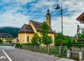 Trinity church in Vallabassa town, Dolomite Alps, Italy