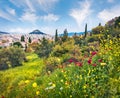 Picturesque summer cityscape of Athens capital of Greece. Colorful morning scene of city park. Treveling concept background. Beaut