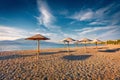 Picturesque summer day on Nafpaktos beach. Sunny morning seascape of Ionian sea