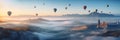 Picturesque summer landscape with colorful hot air balloons panorama. Generative AI Royalty Free Stock Photo