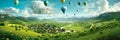 Picturesque summer landscape with colorful hot air balloons panorama. Generative AI Royalty Free Stock Photo