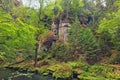 Picturesque summer landscape of flowing Kamenice River and ancient rocks in green forest. Bohemian Switzerland National Park Royalty Free Stock Photo