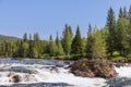 A picturesque summer scene of the Namsen River in Namsskogan, Trondelag, Norway, where cascading waters rush over rocks