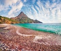 Picturesque summer seascape of Mediterranean sea. Sunny morning view of Adrasan beach with Moses Mountain on background, Turkey,