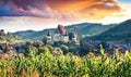 Picturesque summer view of Fortified Church of Biertan, UNESCO World Heritage Sites since 1993. Impressive morning cityscape of