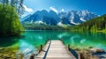 Picturesque summer view of Fusin lake. Splendid morning scene of Julian Alps with Mangat