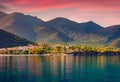 Picturesque summer view of Kyparissi village. Amazing sunset on Peloponnese peninsula, Greece, Europe.