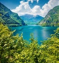 Picturesque summer view of Pivsko lake. Amazing morning scene of canyon of Piva river, Pluzine town location, Montenegro, Europe.