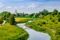 Picturesque summer view of the rural side of Suzdal and the river Kamenka.The Golden Ring of Russia.