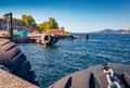 Picturesque summer view of small Norwegian farry port. Royalty Free Stock Photo