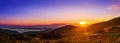 Picturesque sunrise, morning dawn in Carpathian mountains, panorama, Ukraine. Royalty Free Stock Photo