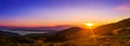 Picturesque sunrise, morning dawn in Carpathian mountains, panorama, Ukraine.