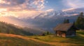 Picturesque sunrise in swiss alps with charming wooden chalet in majestic mountain landscape Royalty Free Stock Photo