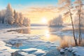 Picturesque sunrise on a winter morning in the forest on the shore of lake