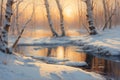 Picturesque sunrise on a winter morning in the forest on the shore of lake