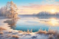 Picturesque sunrise on a winter morning in the forest on the shore of lake