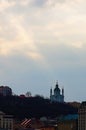 Picturesque sunset cityscape view of Kyiv. Ancient Saint Andrew Church on the top of the hill Royalty Free Stock Photo