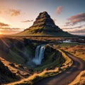 The picturesque sunset over landscapes and waterfalls. Kirkjufell mountain,Iceland made with Generative AI Royalty Free Stock Photo