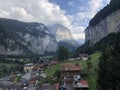 Impressive Alpine village Lauterbrunnen panorama, Swiss Alps, Switzerland, summer 2022