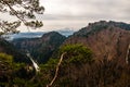 Picturesque Tatry Mountains, Pieniny Mountains and Dunajec River landscape in spring on a cloudy, gloomy day, Malopolska, Poland