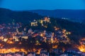 Top panoramic view of old town of Sighisoara, Transylvania, Romania at night