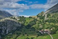 Picturesque town of houses with stone facades located on the mountain top of the Picos de Europa in a rural setting Royalty Free Stock Photo